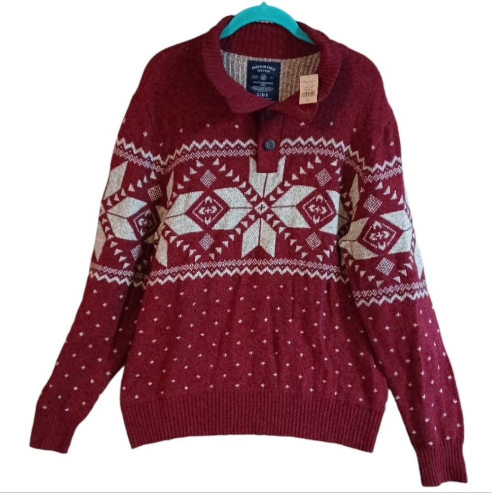 New AMERICAN EAGLE Men Large Fair Isle Pattern Knit Button Neck Dark Red Sweater